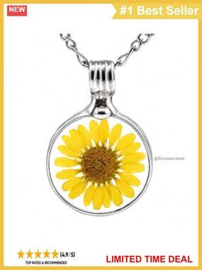 Handmade Real Sunflower Glass Pendant Necklace Figaro Chain